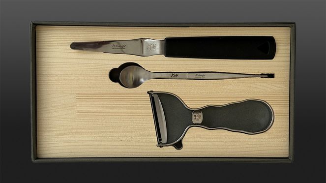 
                    Chefs’ tools by Danny Khezzar with Kai peeler, extra-thin spatula and tasting spoon