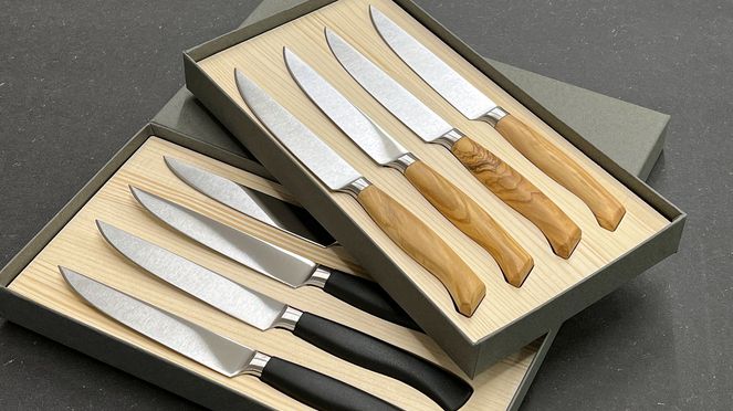 
                    Wok Steakmesser-Set mit Kunststoffgriffen oder Griffen aus gemasertem Olivenholz